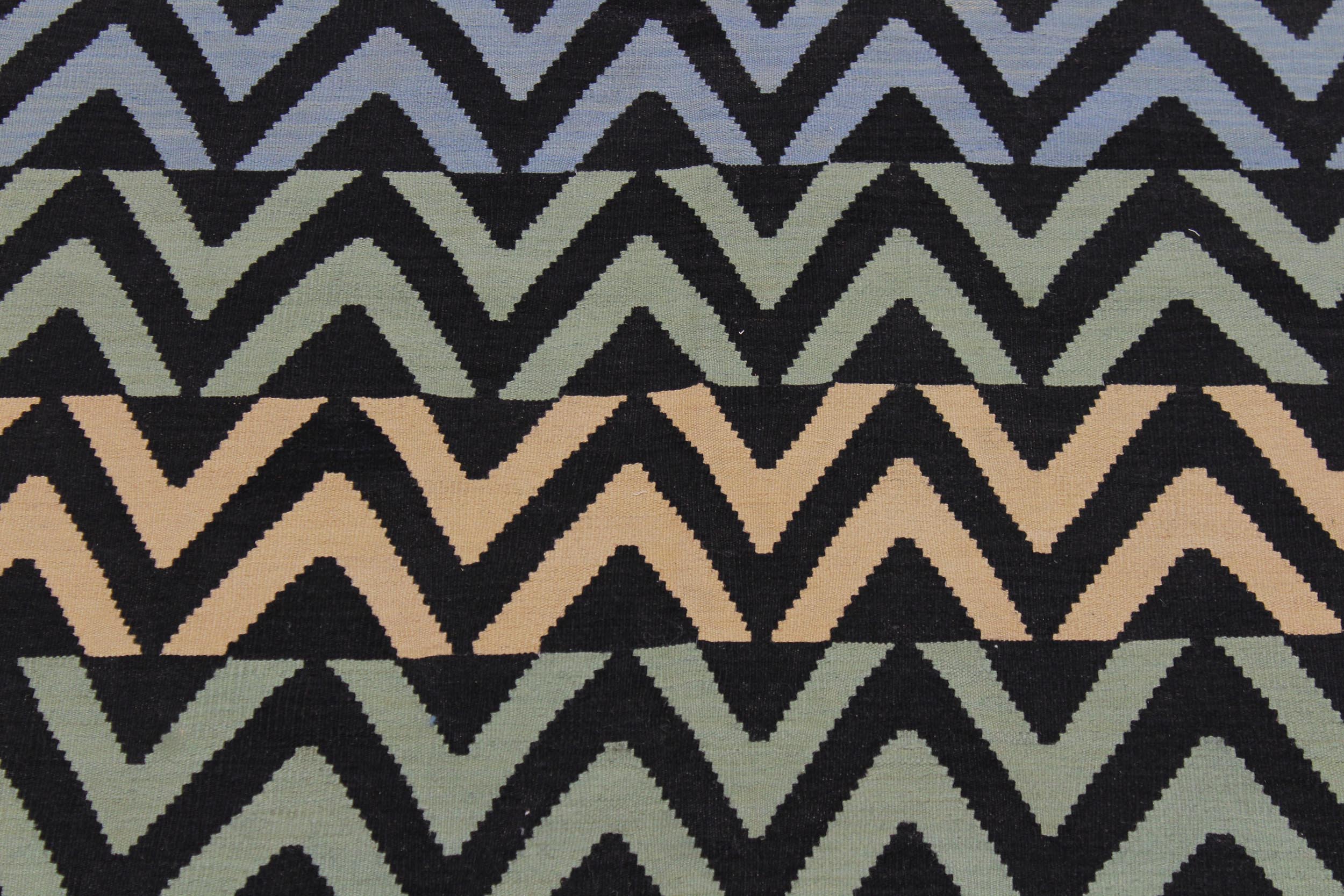 handmade Modern Kilim Black Blue Hand-Woven RECTANGLE 100% WOOL area rug 5x7