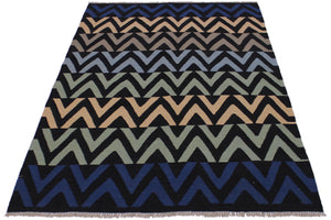 handmade Modern Kilim Black Blue Hand-Woven RECTANGLE 100% WOOL area rug 5x7