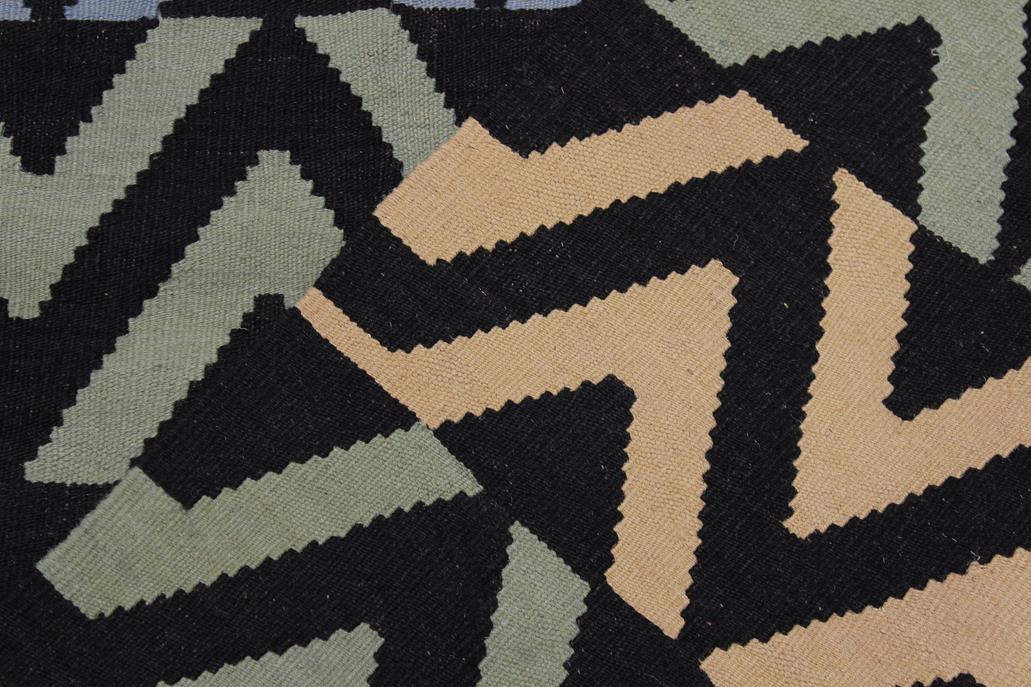 Flat Weave Kilim Antique Navaho Vintage handmade Modern Kilim Black Blue Hand-Woven Rectangle 100% Wool Area Rug 5x7 