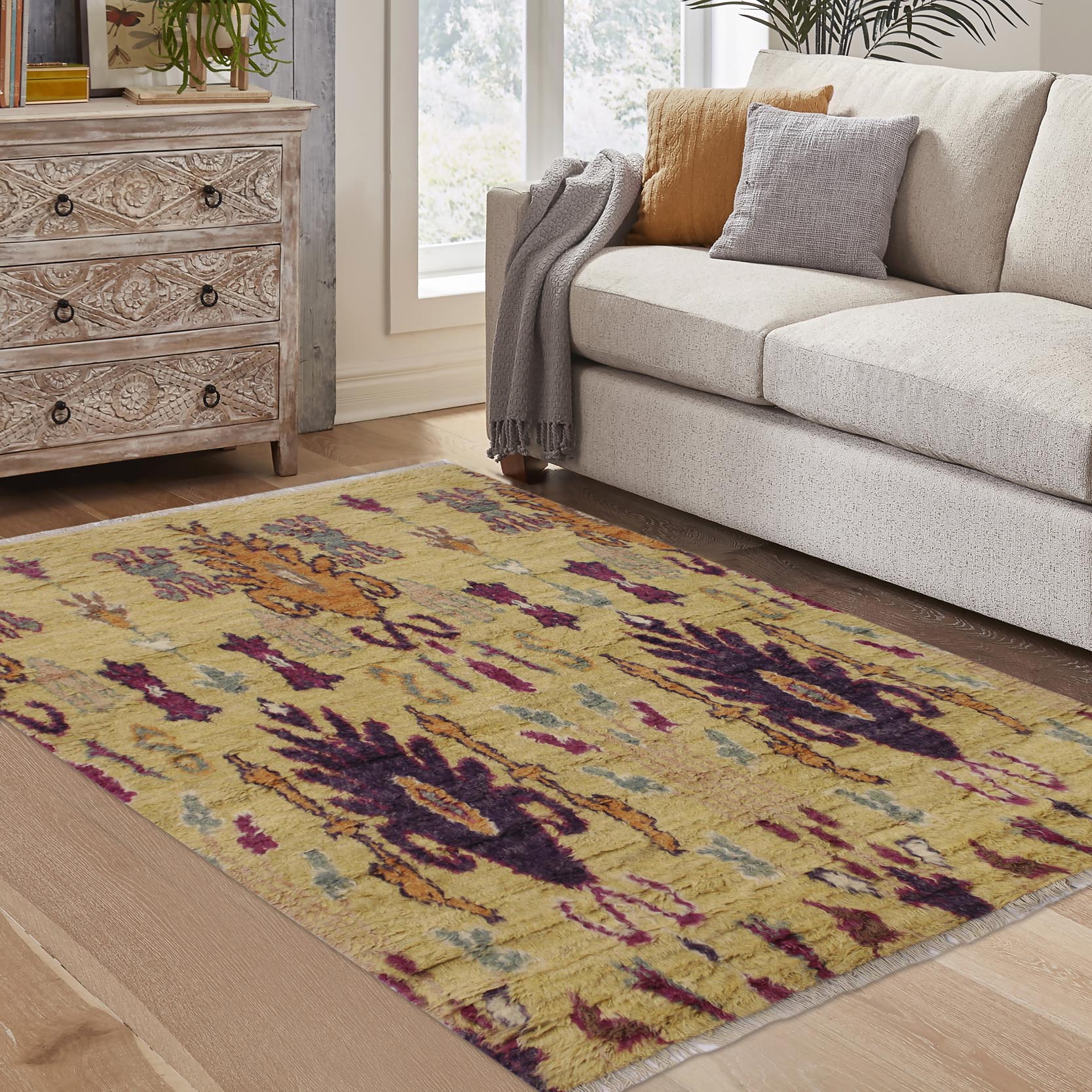 handmade Geometric Moroccan Lt. Gold Purple Hand Knotted RECTANGLE 100% WOOL area rug 5' x 8'