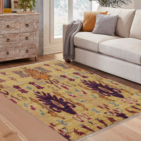 handmade Geometric Moroccan Lt. Gold Purple Hand Knotted RECTANGLE 100% WOOL area rug 5' x 8'