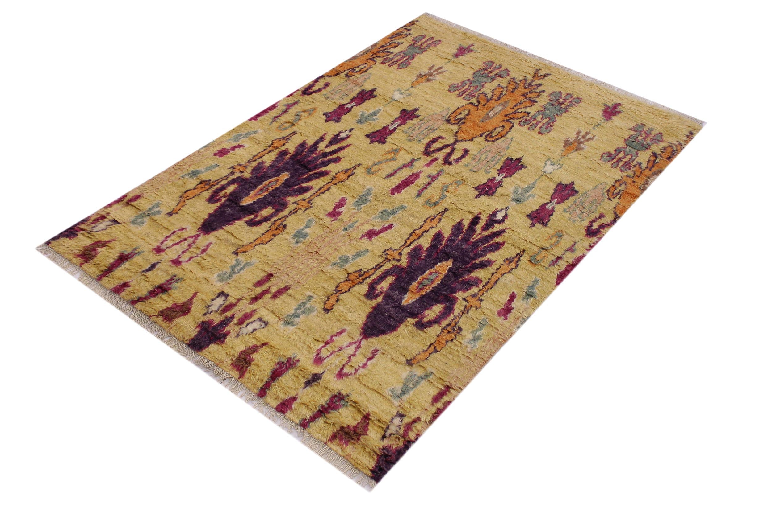 handmade Geometric Moroccan Lt. Gold Purple Hand Knotted RECTANGLE 100% WOOL area rug 5' x 8'