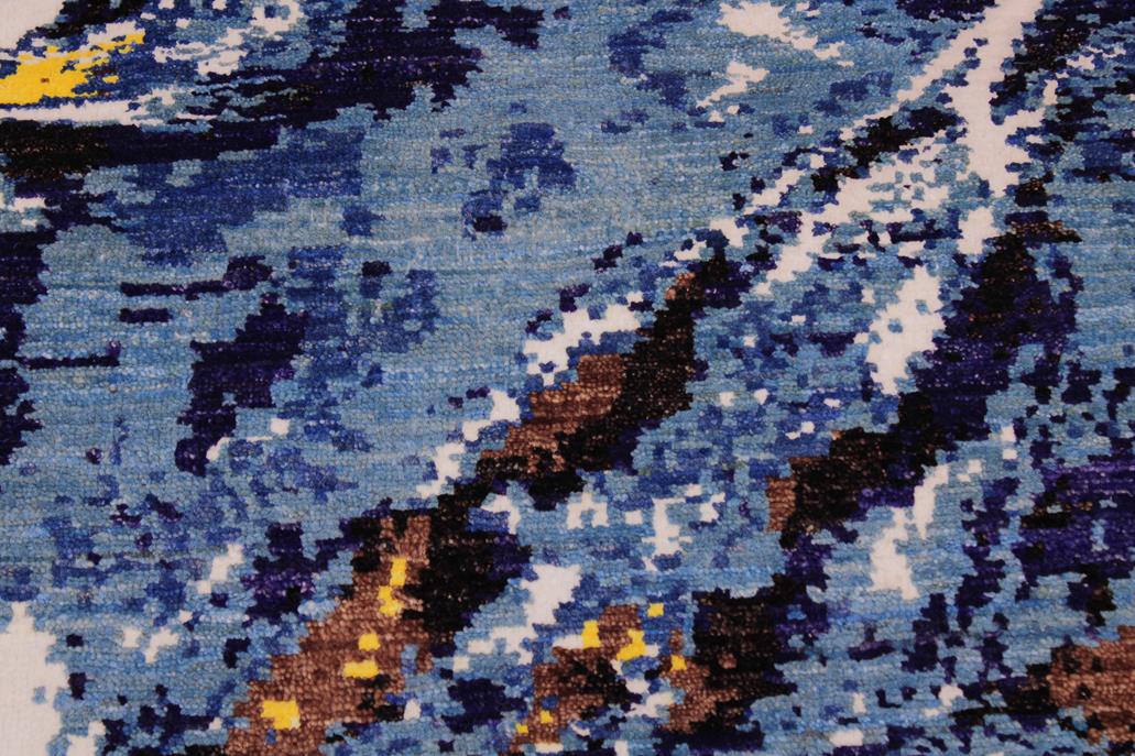 handmade Modern Kafkaz Blue Ivory Hand Knotted RECTANGLE WOOL&SILK area rug 6 x 9