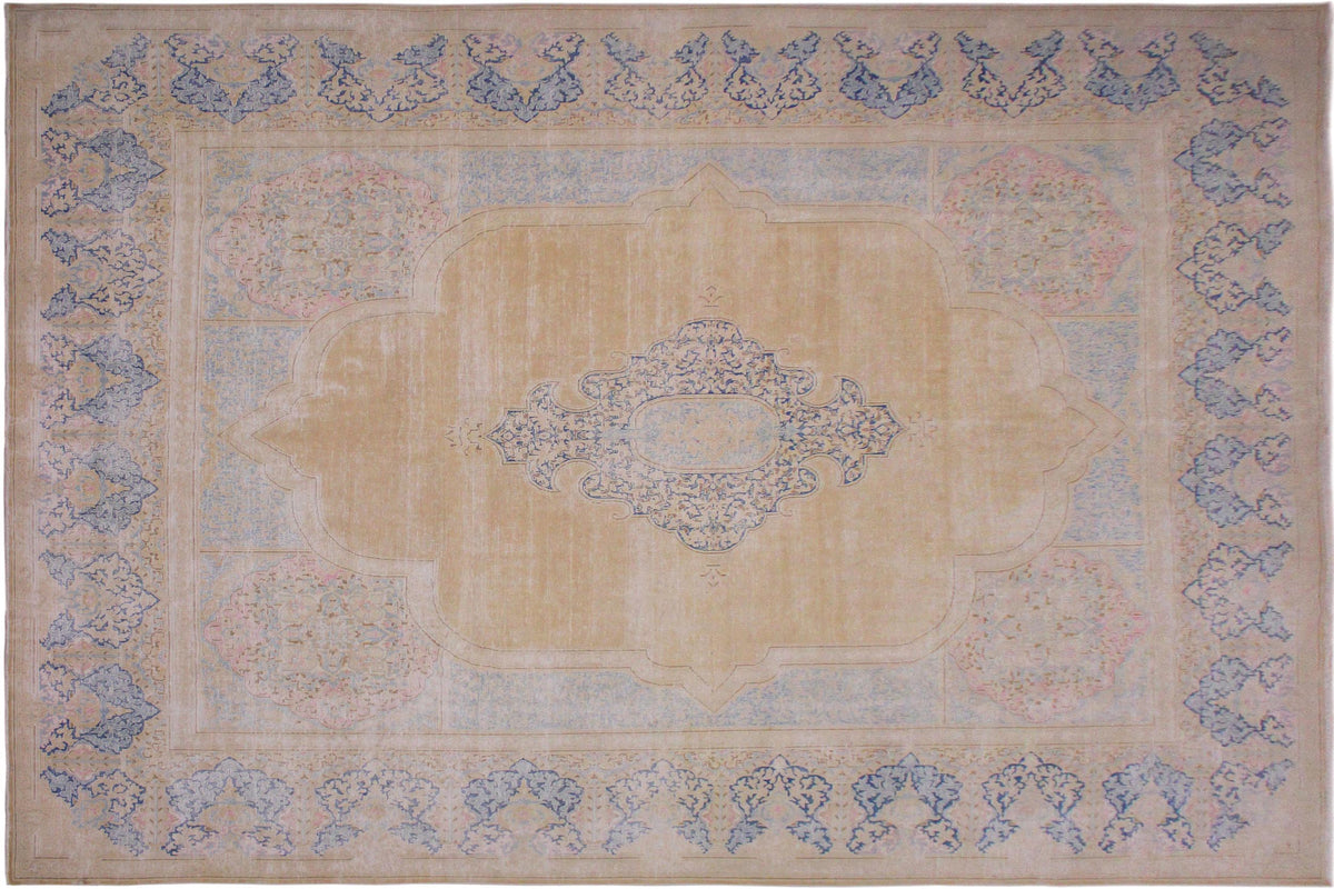 10x13 hand knotted vintage style Persian design wool rug in brown and blue - Persian Vintage Stull