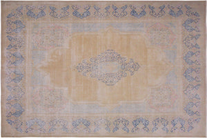 10x13 hand knotted vintage style Persian design wool rug in brown and blue - Persian Vintage Stull