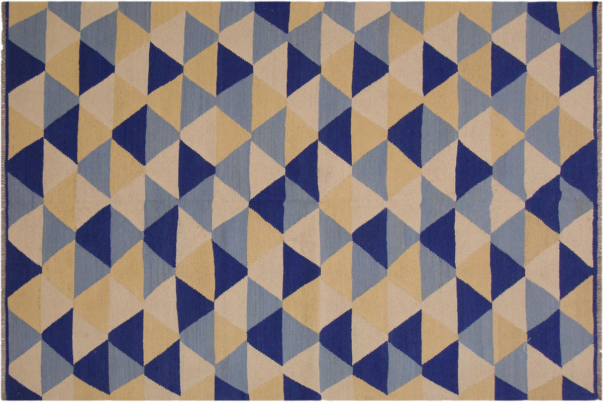 5x7 hand woven Turkish Modern Kilim wool rug in ivory and blue - Turkish Chevron Sumner