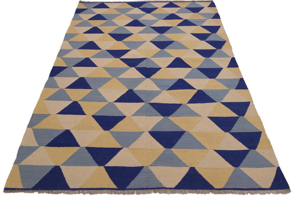 Flat Weave Kilim Antique Navaho Vintage handmade Modern Kilim Ivory Blue Hand-Woven Rectangle 100% Wool Area Rug 5x7 