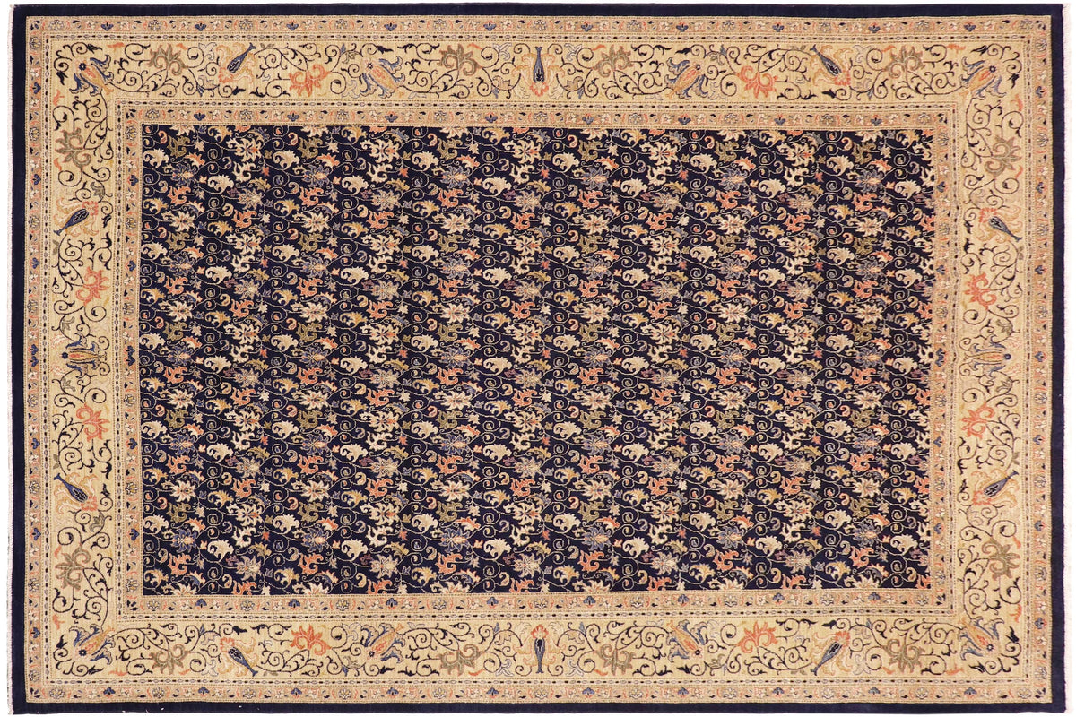 10x14 hand knotted transitional wool rug in blue and gold - Oriental Betsy