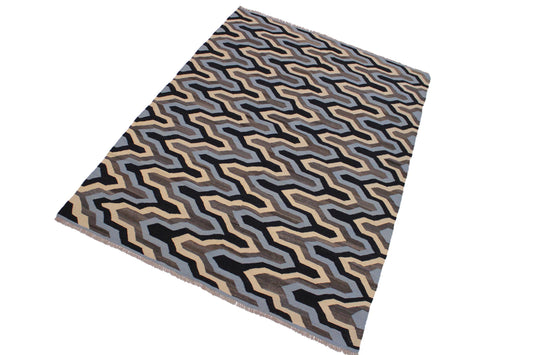 handmade Modern Kilim Ivory Blue Hand-Woven RECTANGLE 100% WOOL area rug 6x8