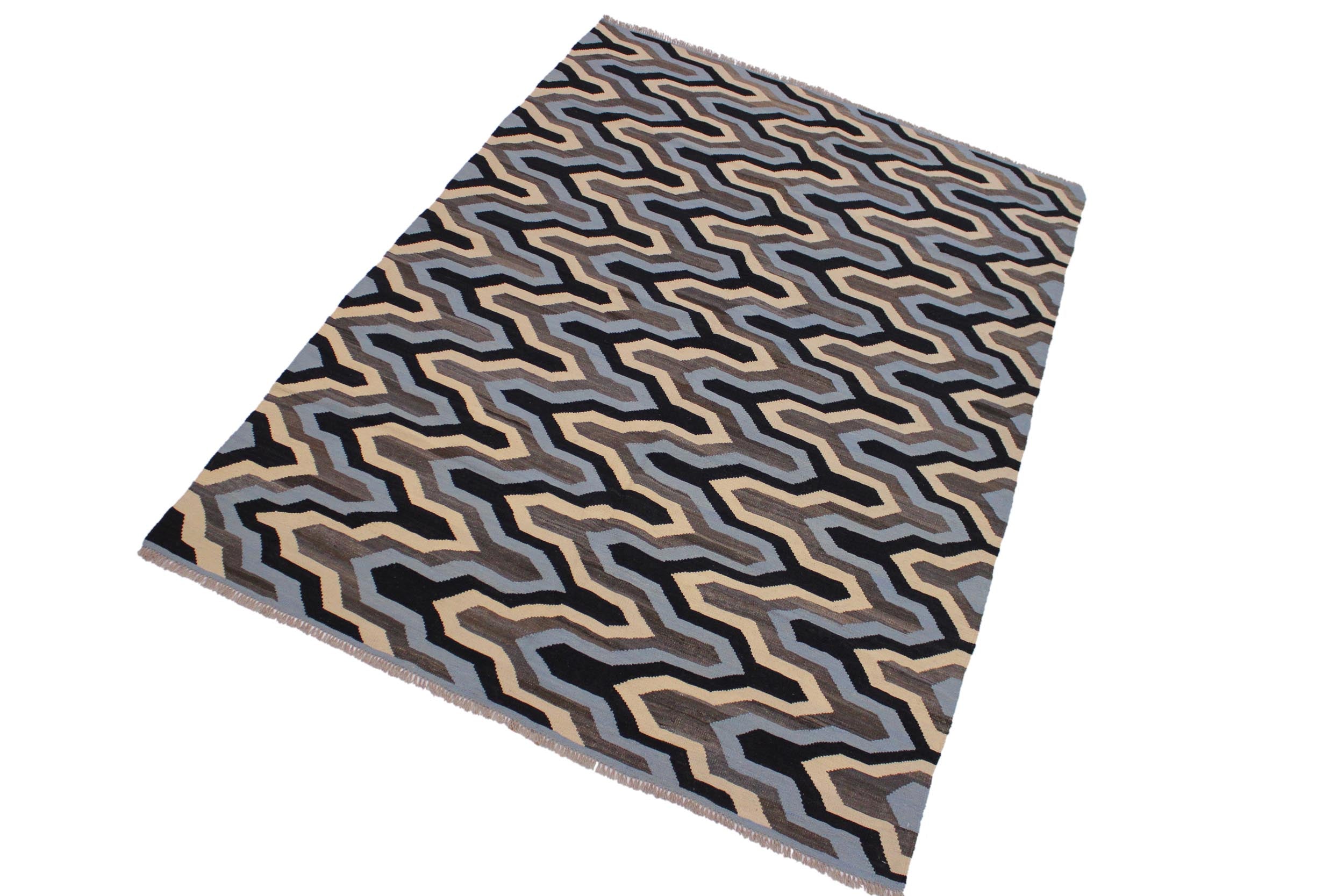 handmade Modern Kilim Ivory Blue Hand-Woven RECTANGLE 100% WOOL area rug 6x8