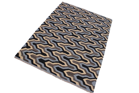 handmade Modern Kilim Ivory Blue Hand-Woven RECTANGLE 100% WOOL area rug 6x8