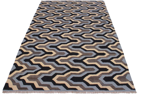 handmade Modern Kilim Ivory Blue Hand-Woven RECTANGLE 100% WOOL area rug 6x8