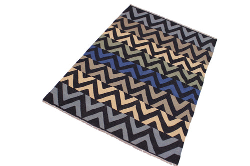 handmade Modern Kilim Black Ivory Hand-Woven RECTANGLE 100% WOOL area rug 5x7