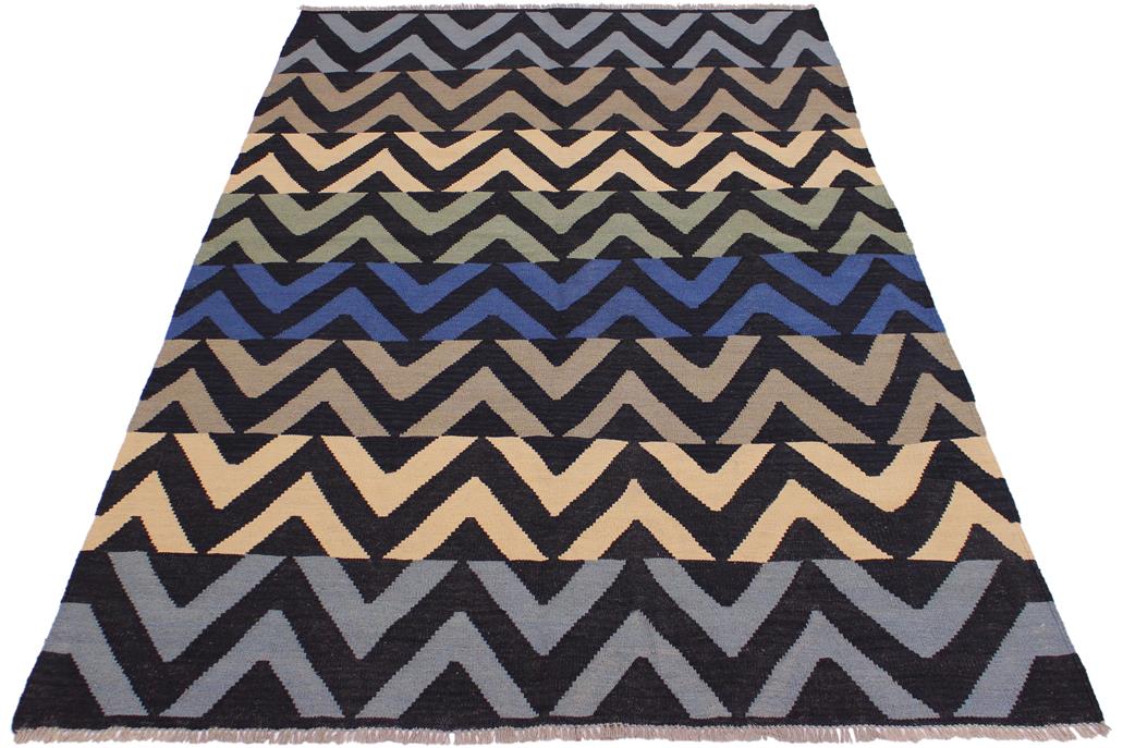 Flat Weave Kilim Antique Navaho Vintage handmade Modern Kilim Black Ivory Hand-Woven Rectangle 100% Wool Area Rug 5x7 