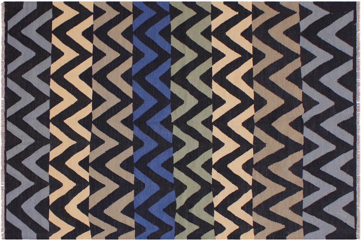 5x7 hand woven Turkish Modern Kilim wool rug in black and ivory - Turkish Bohemian Swafford