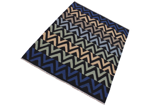 handmade Modern Kilim Black Blue Hand-Woven RECTANGLE 100% WOOL area rug 5x7