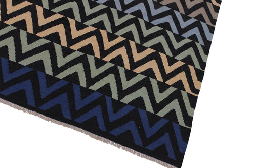 handmade Modern Kilim Black Blue Hand-Woven RECTANGLE 100% WOOL area rug 5x7