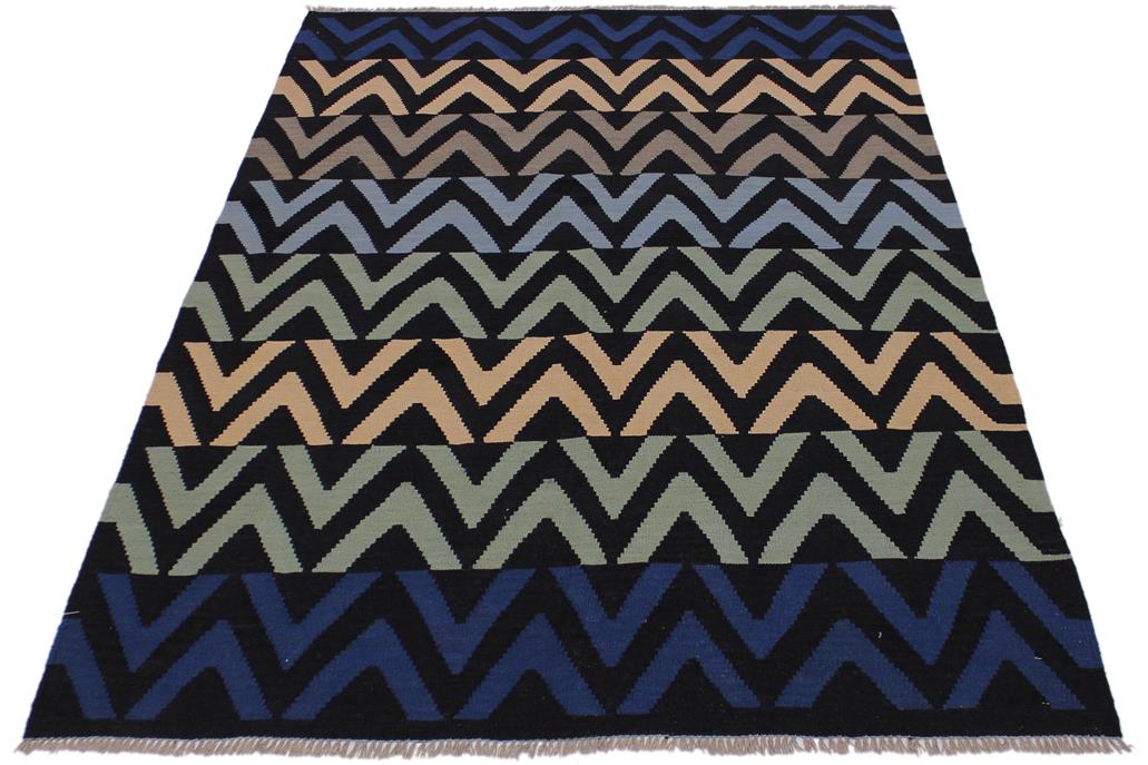 Flat Weave Kilim Antique Navaho Vintage handmade Modern Kilim Black Blue Hand-Woven Rectangle 100% Wool Area Rug 5x7 