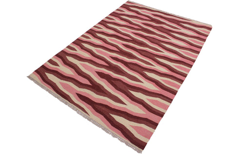 handmade Modern Kilim Ivory Pink Hand-Woven RECTANGLE 100% WOOL area rug 4x6