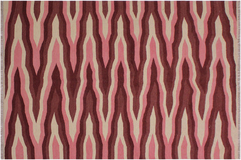 handmade Modern Kilim Ivory Pink Hand-Woven RECTANGLE 100% WOOL area rug 4x6