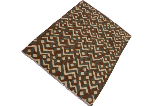 handmade Modern Kilim Brown Ivory Hand-Woven RECTANGLE 100% WOOL area rug 5x7