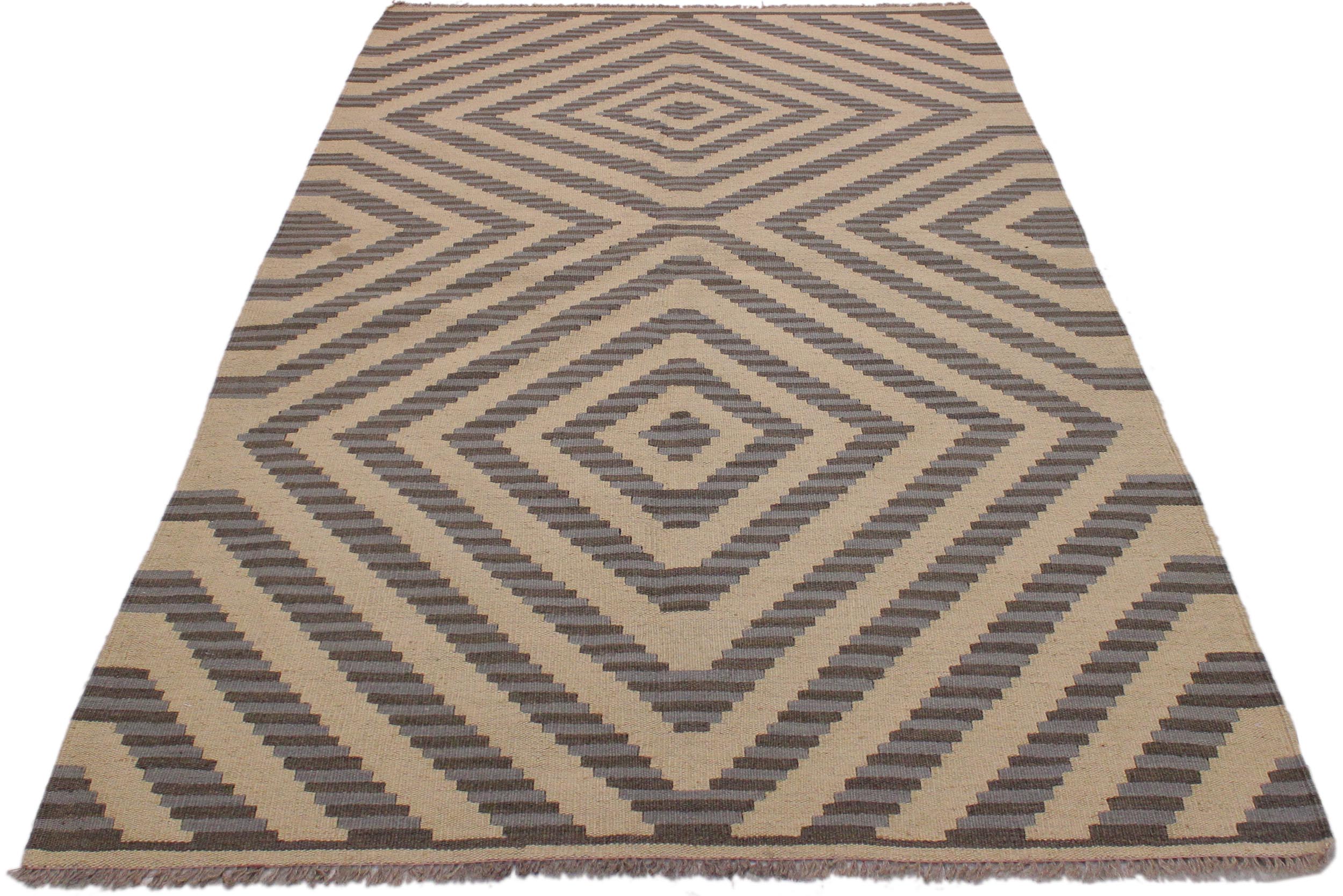 handmade Modern Kilim Ivory Grey Hand-Woven RECTANGLE 100% WOOL area rug 4' x 6'