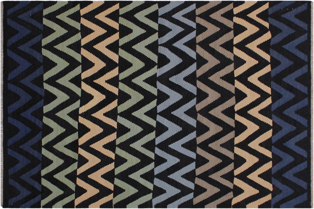 handmade Modern Kilim Black Blue Hand-Woven RECTANGLE 100% WOOL area rug 4x6