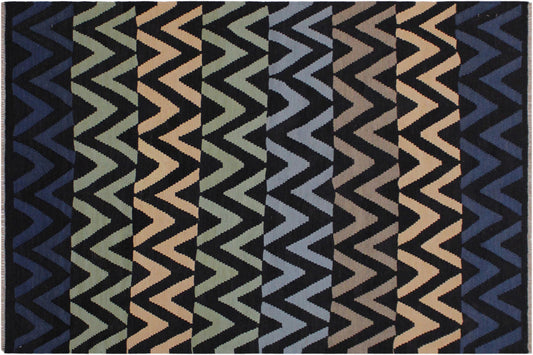 handmade Modern Kilim Black Blue Hand-Woven RECTANGLE 100% WOOL area rug 4x6
