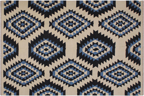 handmade Modern Kilim Ivory Black Hand-Woven RECTANGLE 100% WOOL area rug 8x10