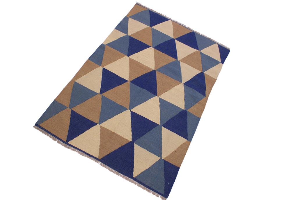 Flat Weave Kilim Antique Navaho Vintage handmade Modern Kilim Ivory Blue Hand-Woven Rectangle 100% Wool Area Rug 4x6 