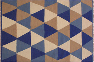 handmade Modern Kilim Ivory Blue Hand-Woven RECTANGLE 100% WOOL area rug 4x6