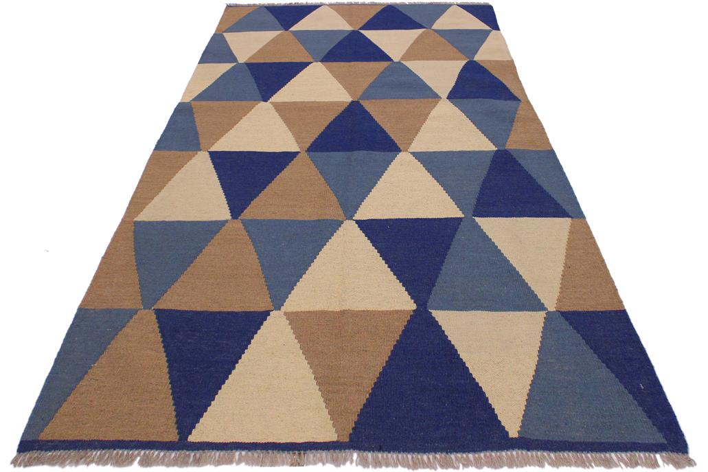 Flat Weave Kilim Antique Navaho Vintage handmade Modern Kilim Ivory Blue Hand-Woven Rectangle 100% Wool Area Rug 4x6 