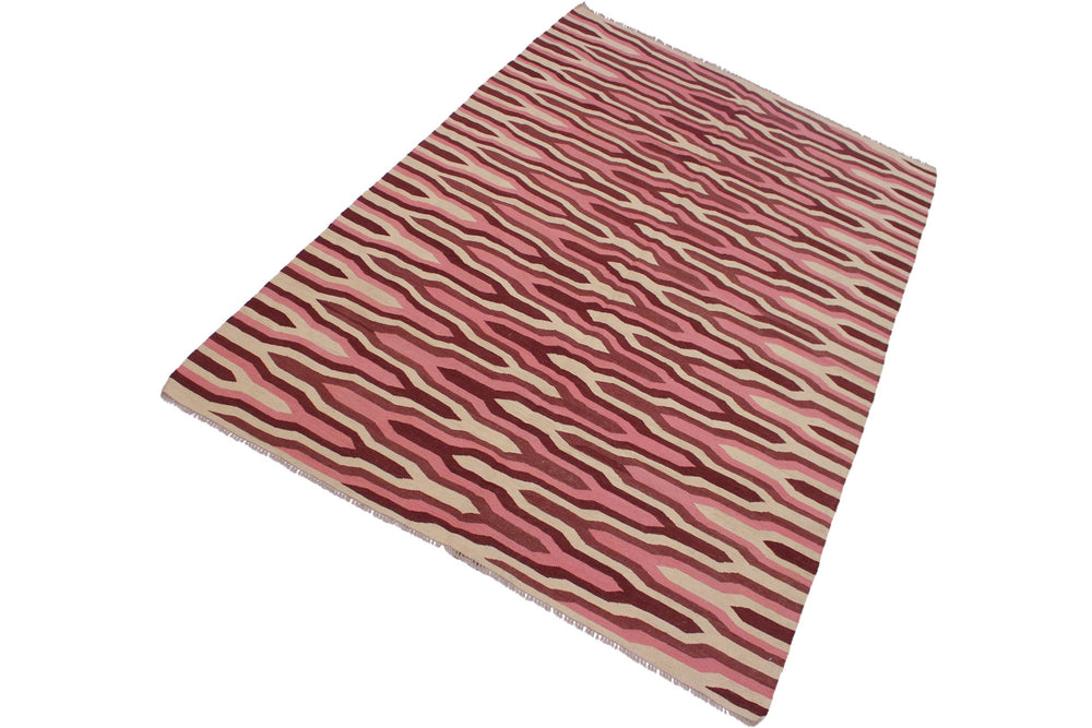 handmade Modern Kilim Ivory Pink Hand-Woven RECTANGLE 100% WOOL area rug 6x9