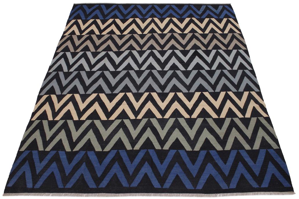 Flat Weave Kilim Antique Navaho Vintage handmade Modern Kilim Black Ivory Hand-Woven Rectangle 100% Wool Area Rug 8x10 