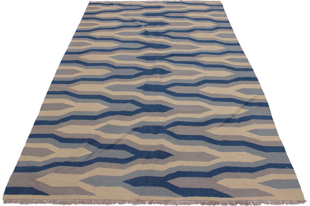 Flat Weave Kilim Antique Navaho Vintage handmade Modern Kilim Ivory Blue Hand-Woven Rectangle 100% Wool Area Rug 5x7 