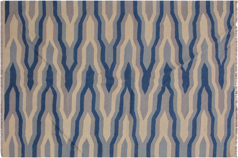 handmade Modern Kilim Ivory Blue Hand-Woven RECTANGLE 100% WOOL area rug 5x7