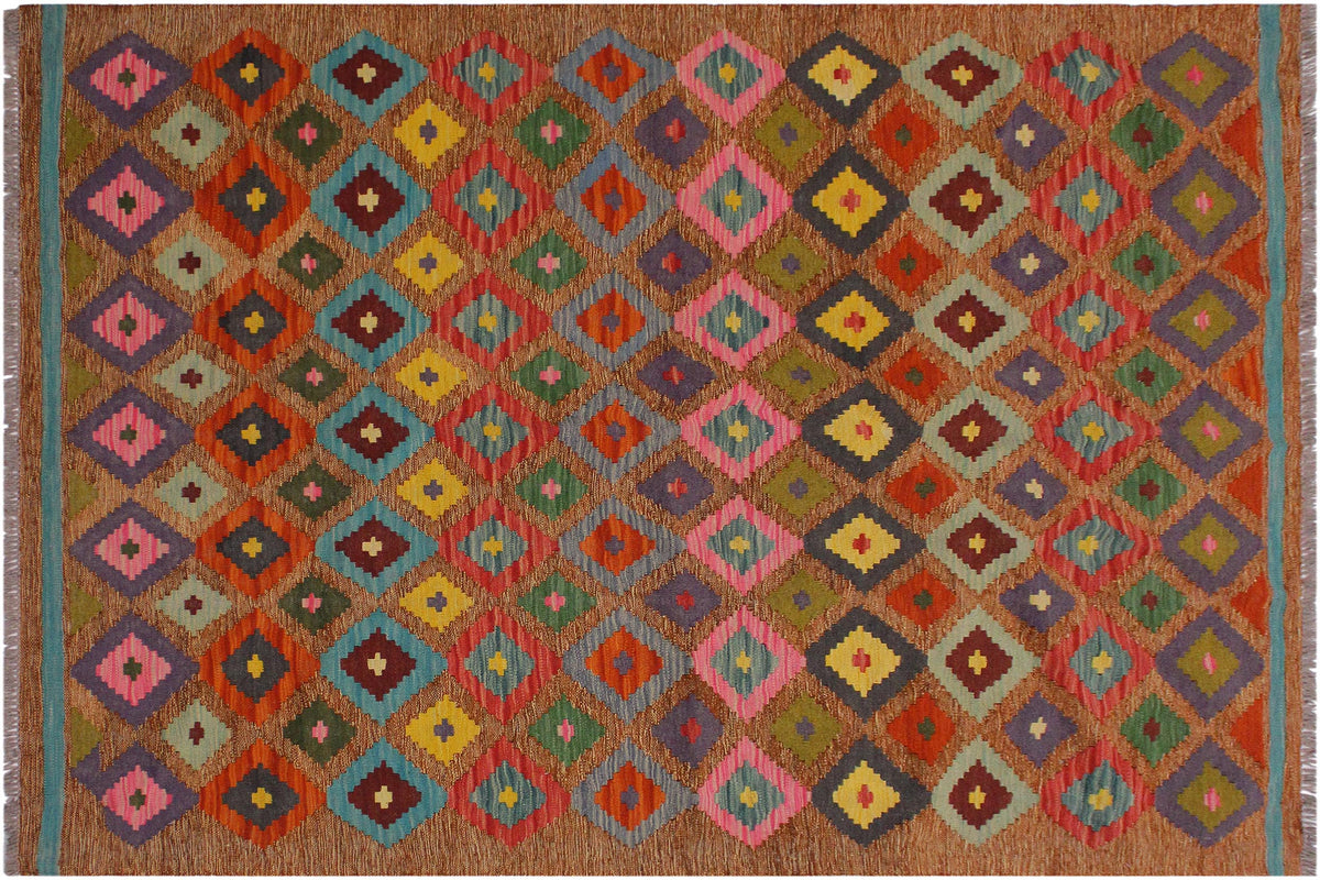 5x6 hand woven Turkish Modern Kilim wool rug in brown and pink - Turkish Bohemian Salmon