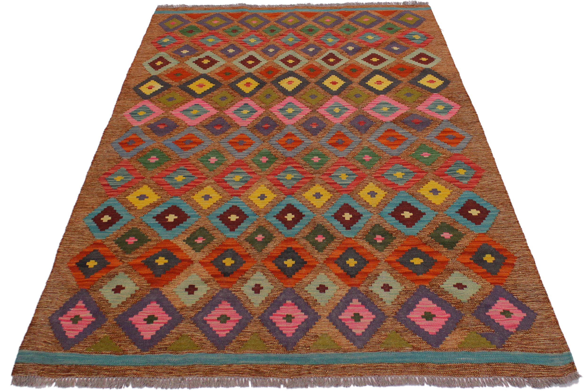 handmade Modern Kilim Brown Pink Hand-Woven RECTANGLE 100% WOOL area rug 5 x 6