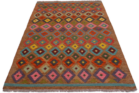 handmade Modern Kilim Brown Pink Hand-Woven RECTANGLE 100% WOOL area rug 5 x 6
