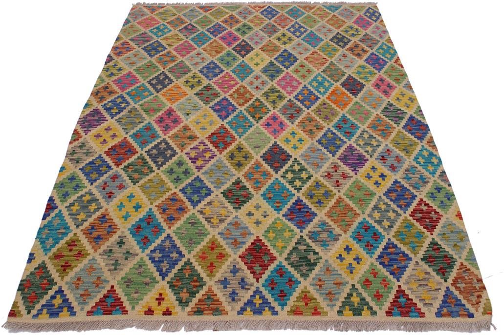 Flat Weave Kilim Antique Navaho Vintage handmade Modern Kilim Ivory Blue Hand-Woven Rectangle 100% Wool Area Rug 5x7 
