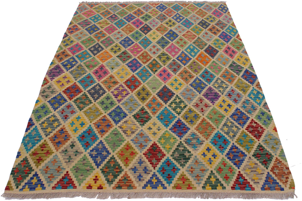 handmade Geometric Kilim Ivory Blue Hand-Woven RECTANGLE 100% WOOL area rug 5 x 7