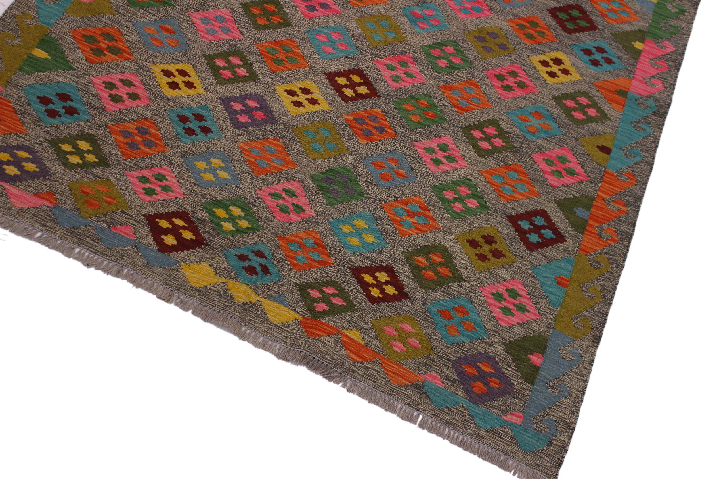 handmade Geometric Kilim Grey Pink Hand-Woven RECTANGLE 100% WOOL area rug 5 x 7