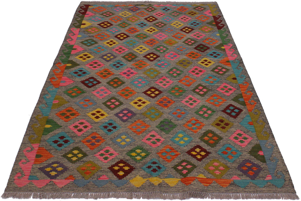 handmade Geometric Kilim Grey Pink Hand-Woven RECTANGLE 100% WOOL area rug 5 x 7