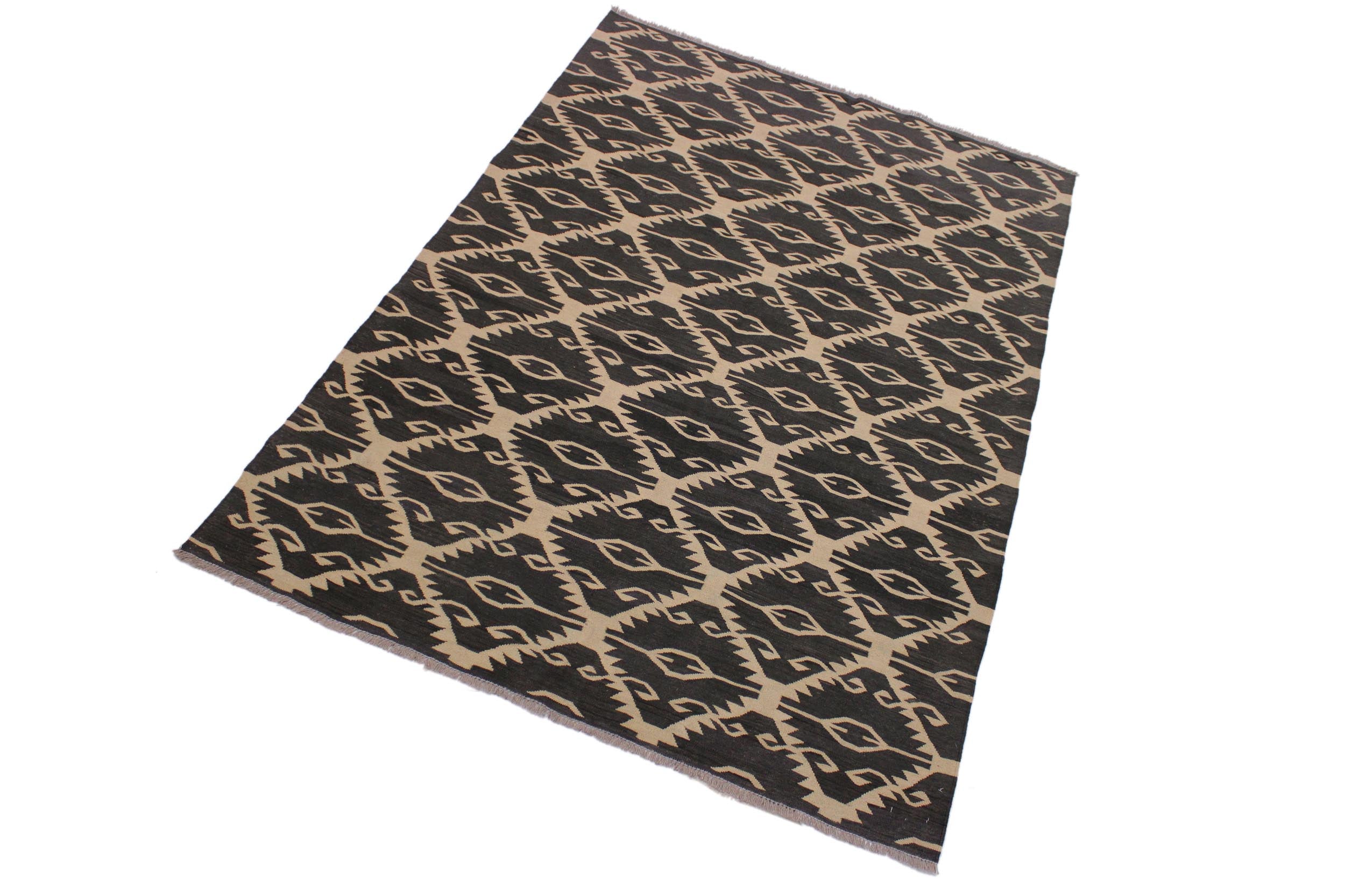 handmade Modern Kilim Black Ivory Hand-Woven RECTANGLE 100% WOOL area rug 6' x 8'