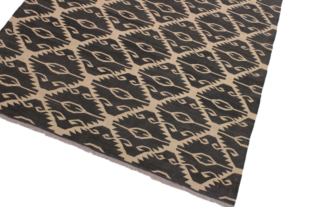 handmade Modern Kilim Black Ivory Hand-Woven RECTANGLE 100% WOOL area rug 6' x 8'