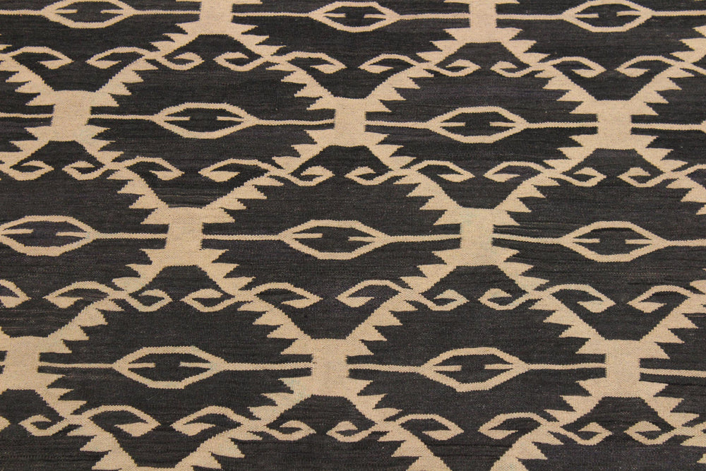 handmade Modern Kilim Black Ivory Hand-Woven RECTANGLE 100% WOOL area rug 6' x 8'
