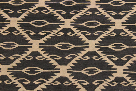 handmade Modern Kilim Black Ivory Hand-Woven RECTANGLE 100% WOOL area rug 6' x 8'