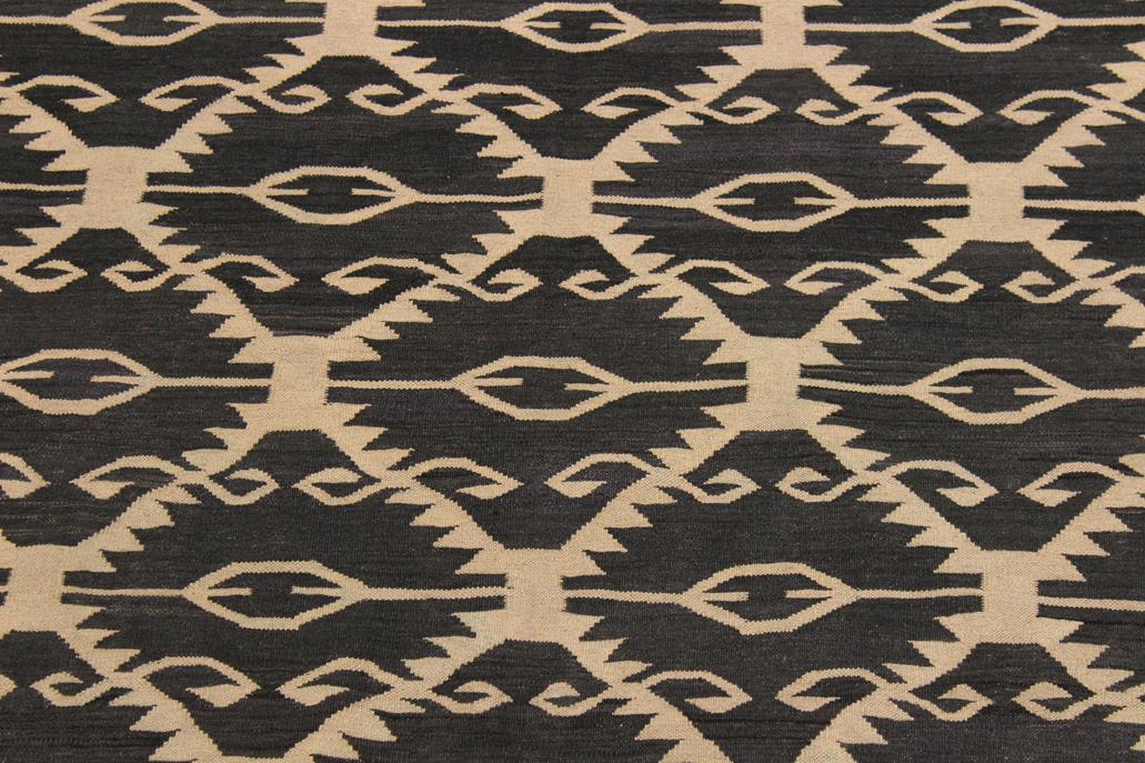 Flat Weave Kilim Antique Navaho Vintage handmade Modern Kilim Black Ivory Hand-Woven Rectangle 100% Wool Area Rug 6x8 