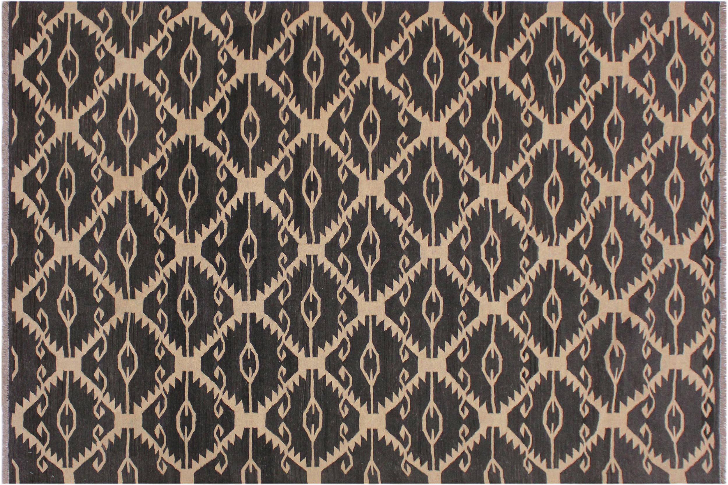 handmade Modern Kilim Black Ivory Hand-Woven RECTANGLE 100% WOOL area rug 6' x 8'