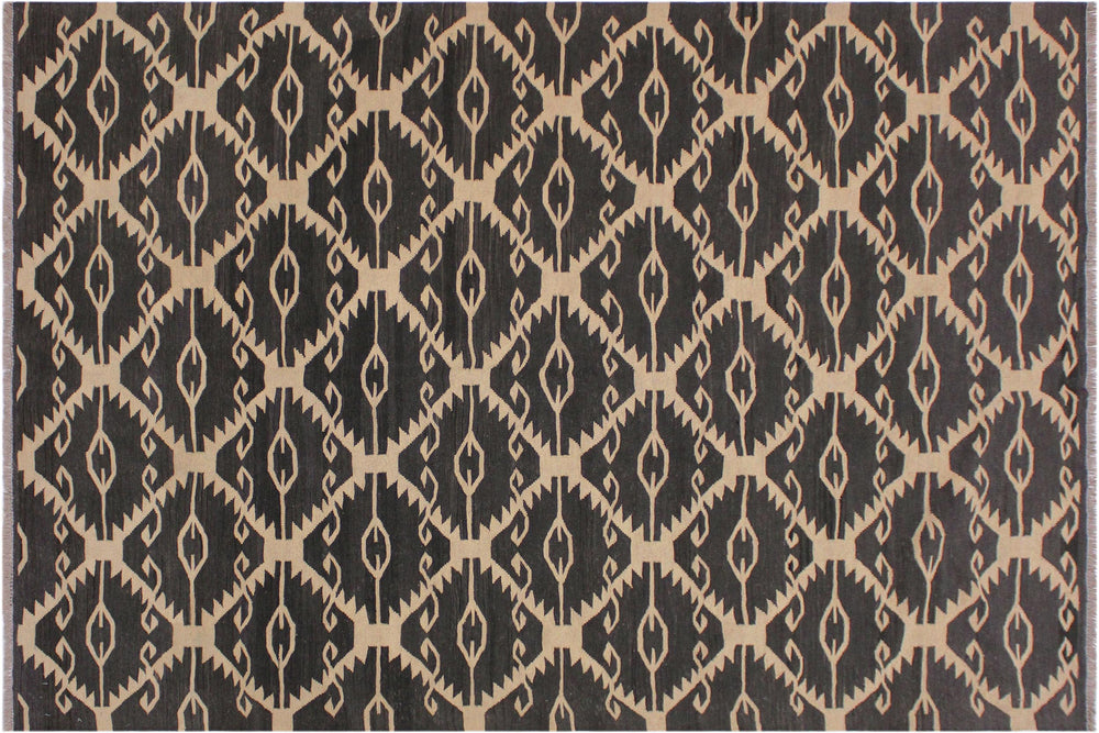 handmade Modern Kilim Black Ivory Hand-Woven RECTANGLE 100% WOOL area rug 6' x 8'